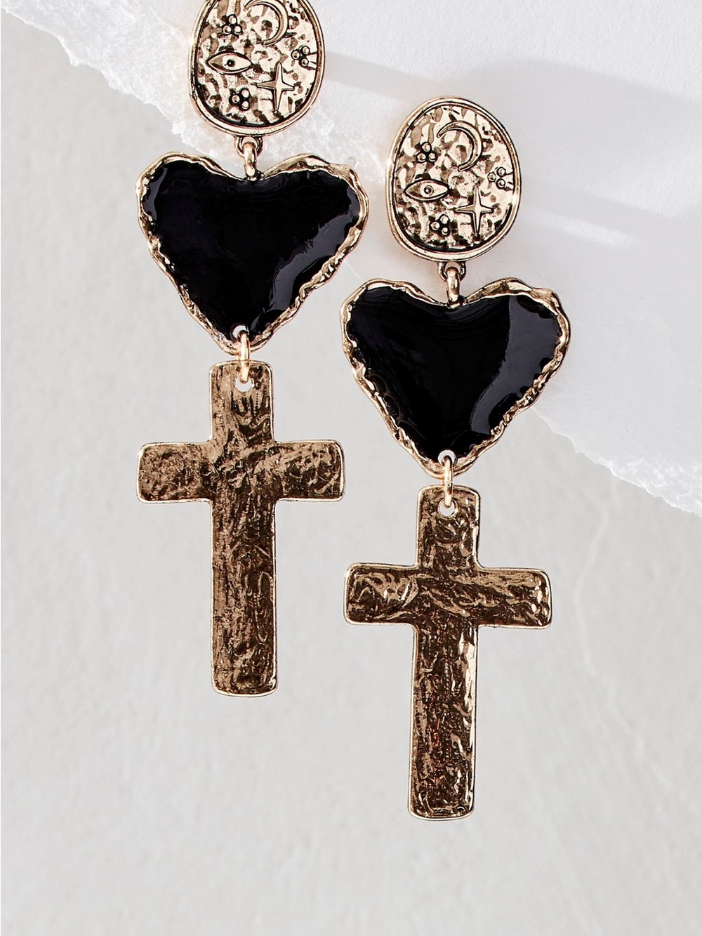 Free People Gold-Tone Cross and Black Heart Drop Earrings